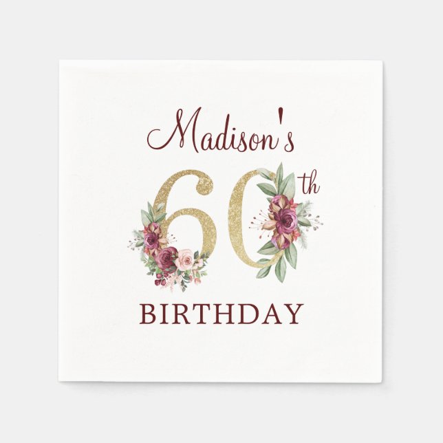 60th Birthday Burgundy Gold Personalised Napkins (Front)