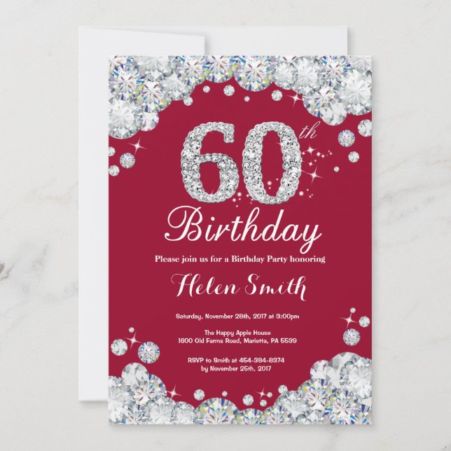 60th Birthday Burgundy Red and Silver Diamond Invitation (Front)