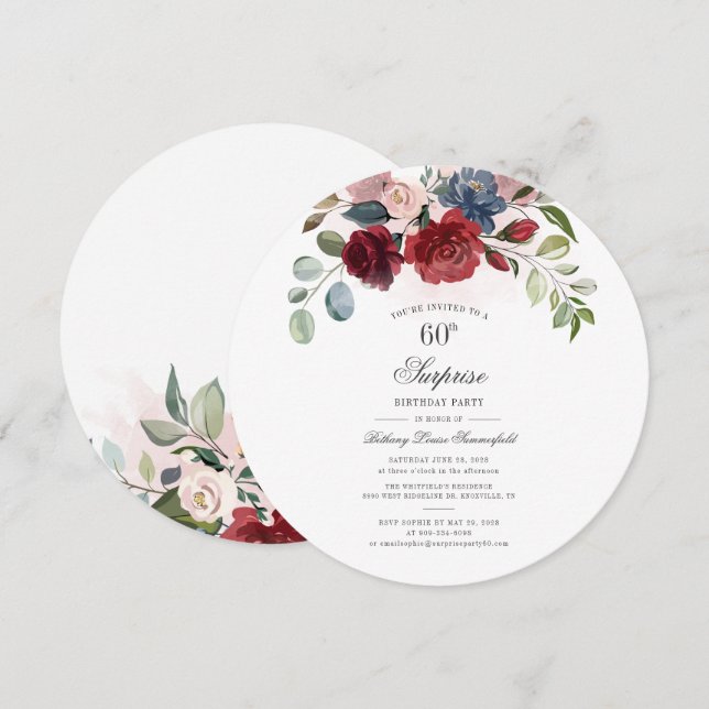 60th Birthday Burgundy Watercolor Eucalyptus Party Invitation (Front/Back)