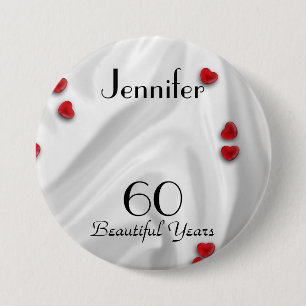 60th Birthday Button / Pin, Small Red Hearts