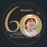 60th Birthday Calligraphy Gold Black Elegant Photo Classic Round Sticker<br><div class="desc">60th Birthday Calligraphy Gold Black Elegant Photo Classic Round Sticker. And elegantly designed special birthday celebration design,  featuring a custom photo of birthday person and script calligraphy with vintage flourish elements. Simple enough to fit a variety of themes and colours!
Need help? Simply contact me!</div>
