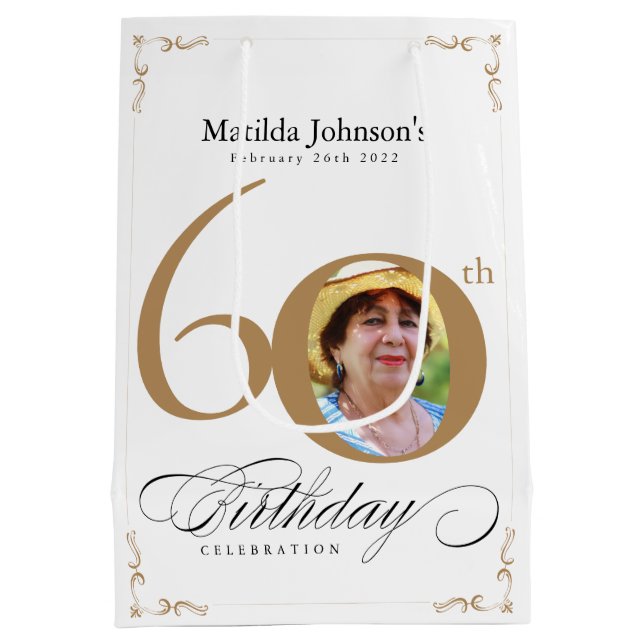 60th Birthday Calligraphy Script Gold White Photo Medium Gift Bag (Back)