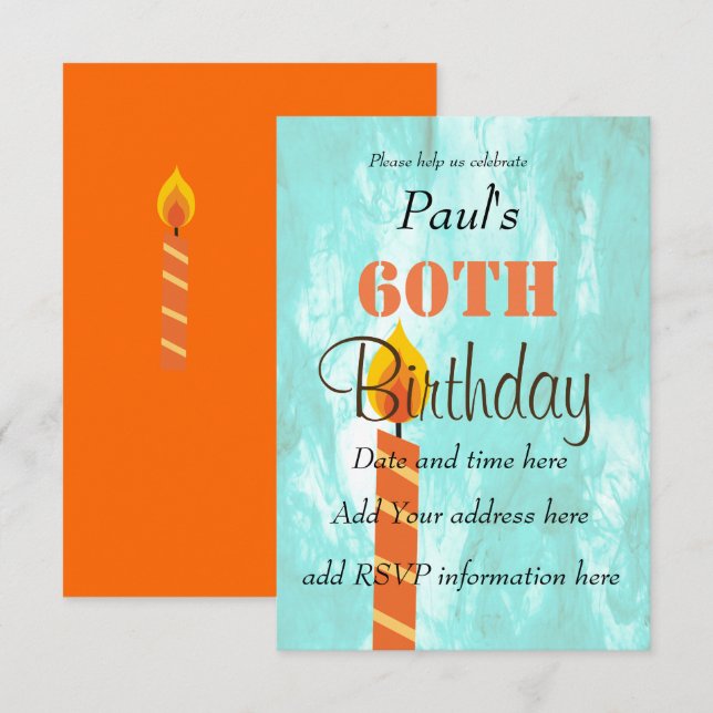 60th Birthday Candle Blue Orange Party Invitation (Front/Back)