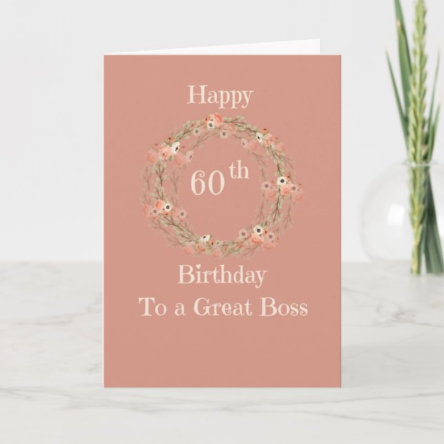 60th Birthday Card for Boss, Peach Floral Wreath (Front)