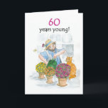 60th Birthday Card - Gardener<br><div class="desc">A 60th Birthday Card,  with a man enjoying tending his plants,  from a watercolour illustration by Judy Adamson. Please feel free to edit or delete the inside text and request and changes to the front cover text through my store.</div>