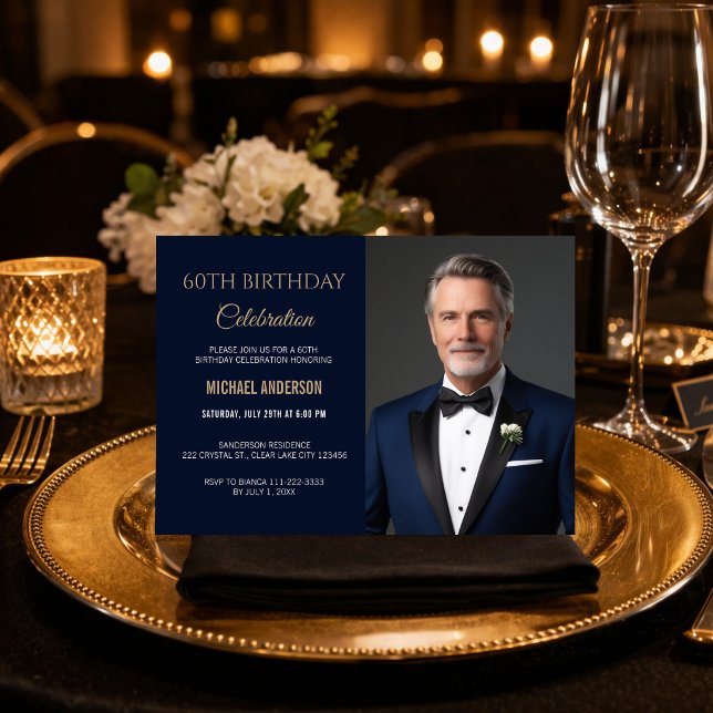60th Birthday Celebration Photo Invite (Elegant navy and gold 60th birthday invitation with modern photo layout)