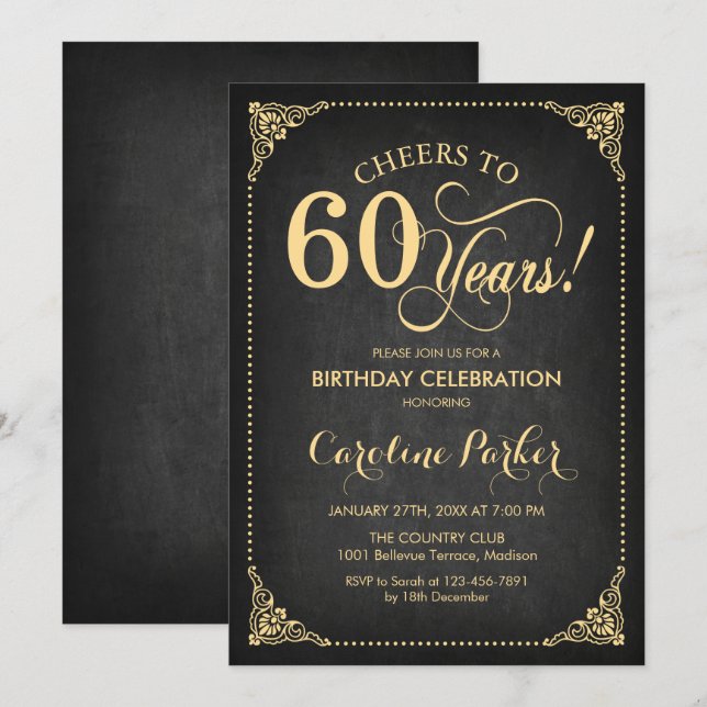 60th Birthday - Chalkboard Gold Invitation (Front/Back)