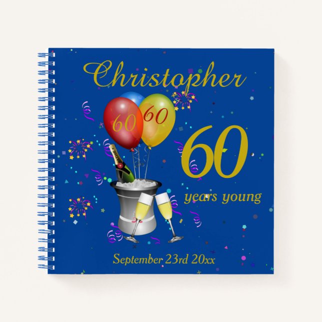 60th Birthday Champagne Blue Party Guest Notebook (Front)