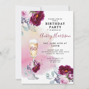 60th Birthday Champagne Glass Floral Birthday   Invitation