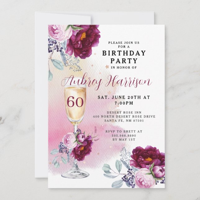 60th Birthday Champagne Glass Floral Birthday   Invitation (Front)
