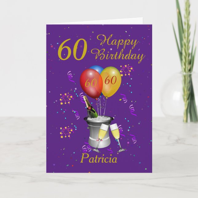 60th Birthday Champagne Purple Gold Card (Front)