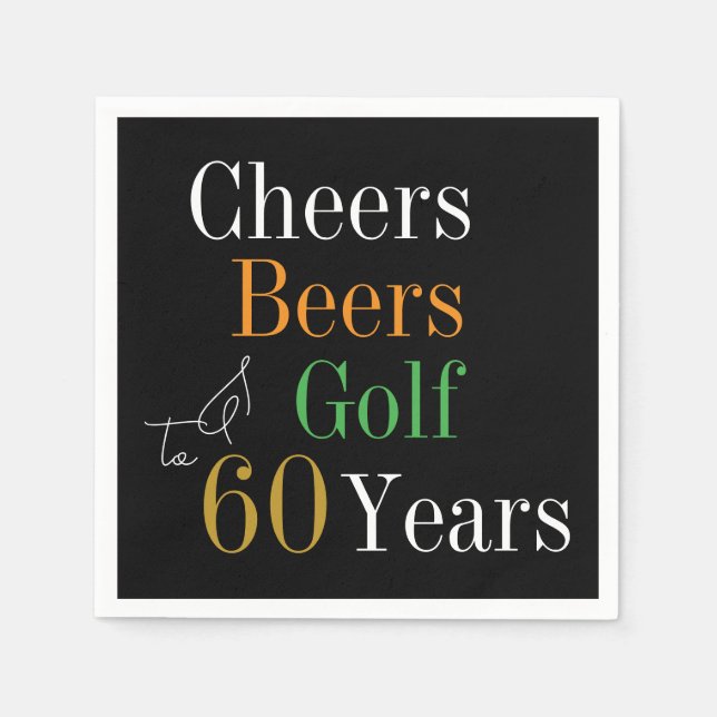 60th Birthday Cheers and Beers Golf Black and Gold Napkin (Front)