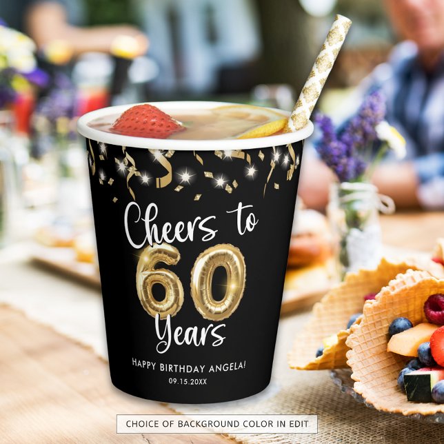 60th Birthday Cheers to 60 Years Black Gold Paper Paper Cups (Creator Uploaded)