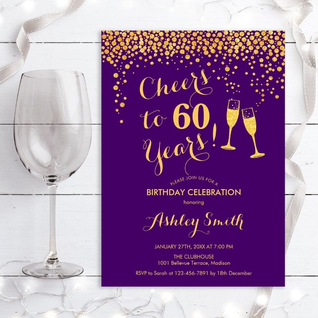 60th Birthday - Cheers To 60 Years Gold Purple Invitation (Creator Uploaded)