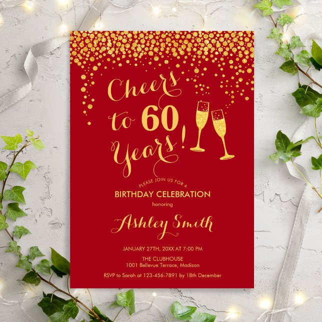 60th Birthday - Cheers To 60 Years Gold Red Invitation (Creator Uploaded)