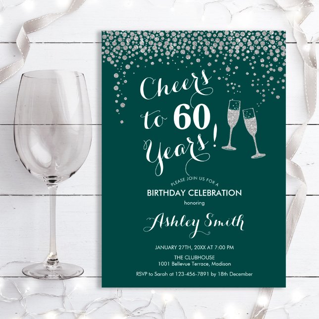 60th Birthday - Cheers To 60 Years Green Silver Invitation (Creator Uploaded)