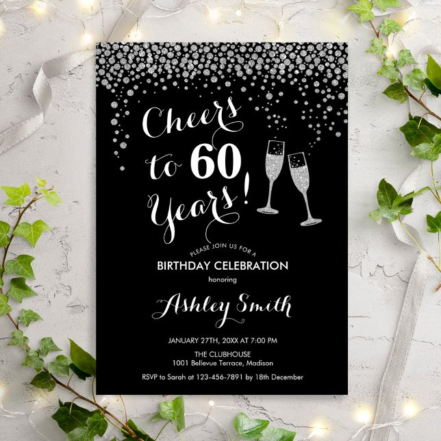 60th Birthday - Cheers To 60 Years Silver Black Invitation (Creator Uploaded)