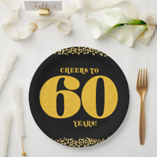 60th Birthday Cheers to 60 Years Sixty Gold Black Paper Plate