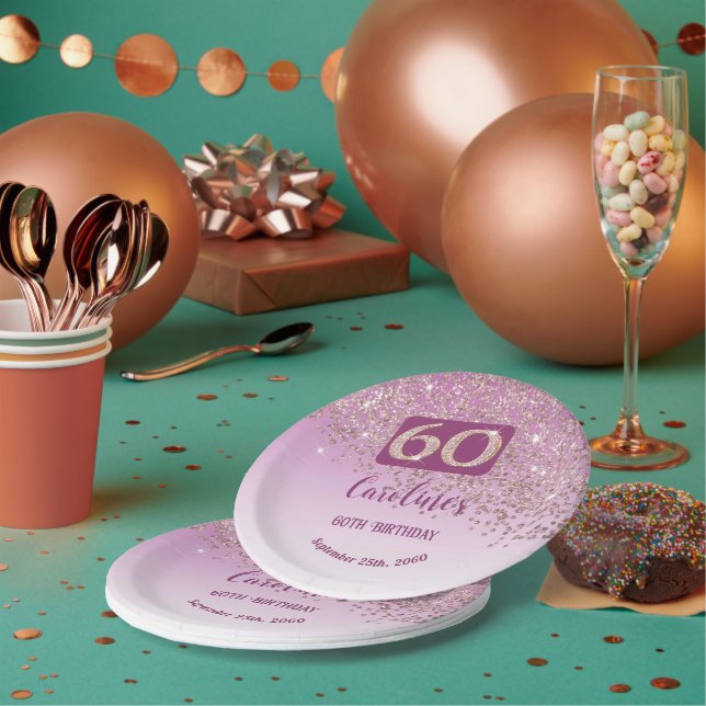 60th Birthday Chic Falling Rose Gold Glitter Paper Plate (Multi)