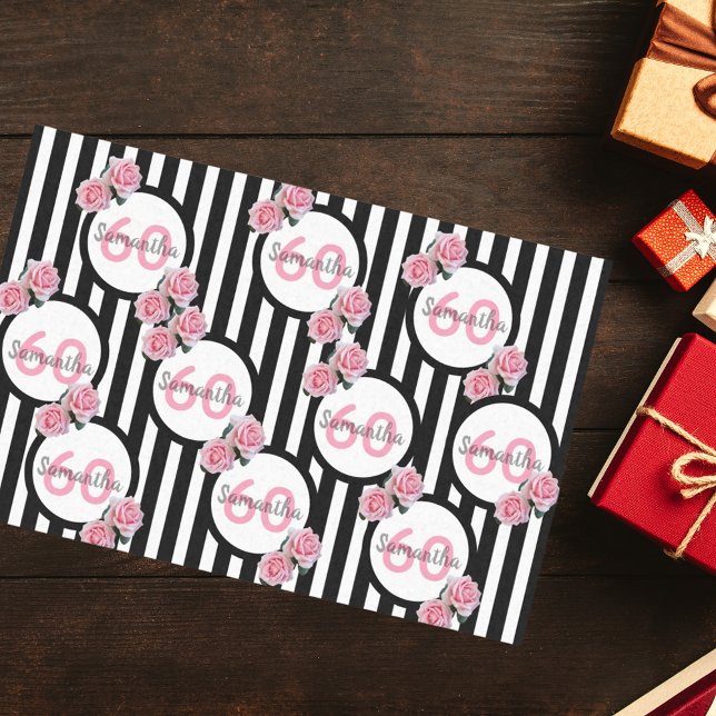 60th birthday chic pink roses black white stripes tissue paper (Creator Uploaded)