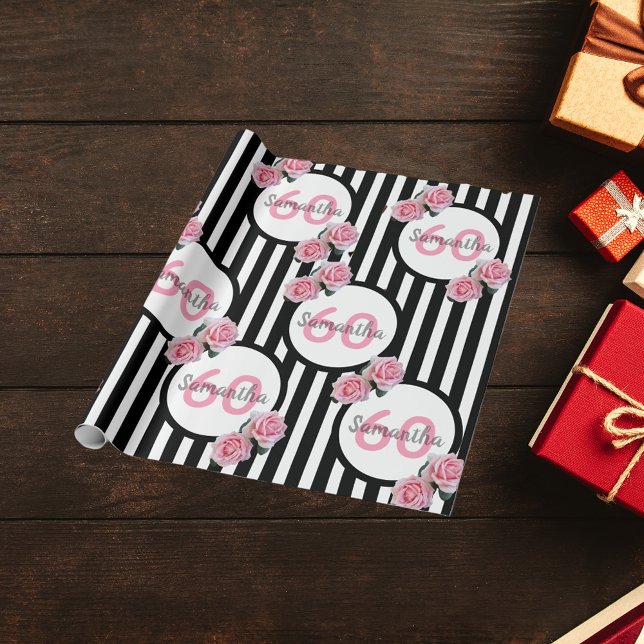 60th birthday chic pink roses black white stripes wrapping paper (Creator Uploaded)
