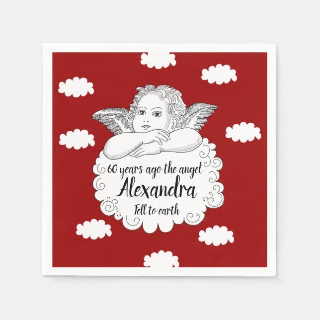 60th Birthday Christian Angel in Clouds Red Napkin (Front)