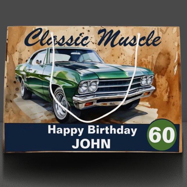 60th Birthday, Classic Muscle Car Large Gift Bag (Rev up your celebration with our classic green muscle car illustration! )