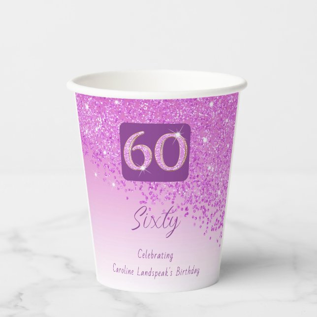 60th Birthday Classy Falling Pink Glitter Paper Cups (Front)
