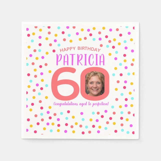 60th birthday colourful coral confetti custom phot napkin (Front)