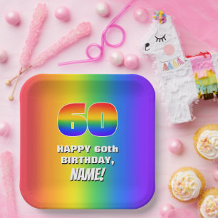 60th Birthday: Colourful, Fun Rainbow Pattern # 60 Paper Plate