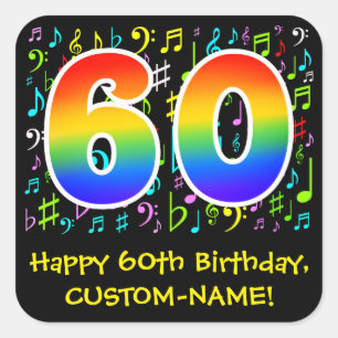 60th Birthday: Colourful Music Symbols, Rainbow 60 Square Sticker