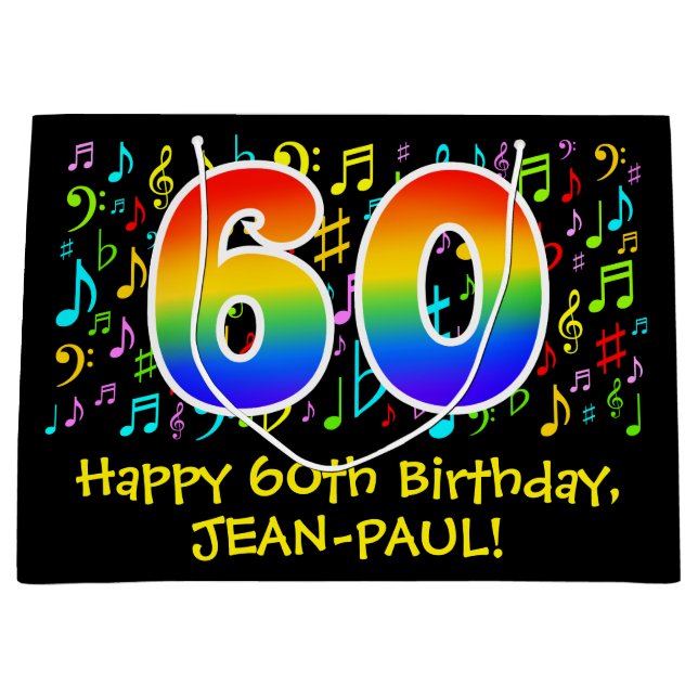60th Birthday - Colourful Music Symbols, Rainbow 6 Large Gift Bag (Front)