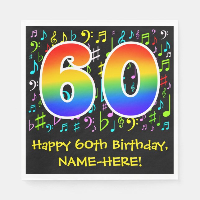 60th Birthday - Colourful Music Symbols, Rainbow 6 Napkin (Front)