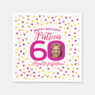 60th birthday colourful pink yellow confetti photo napkin