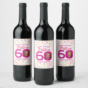 60th birthday colourful pink yellow confetti photo wine label
