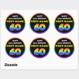 60th Birthday: Colourful Rainbow # 60, Custom Name Classic Round Sticker