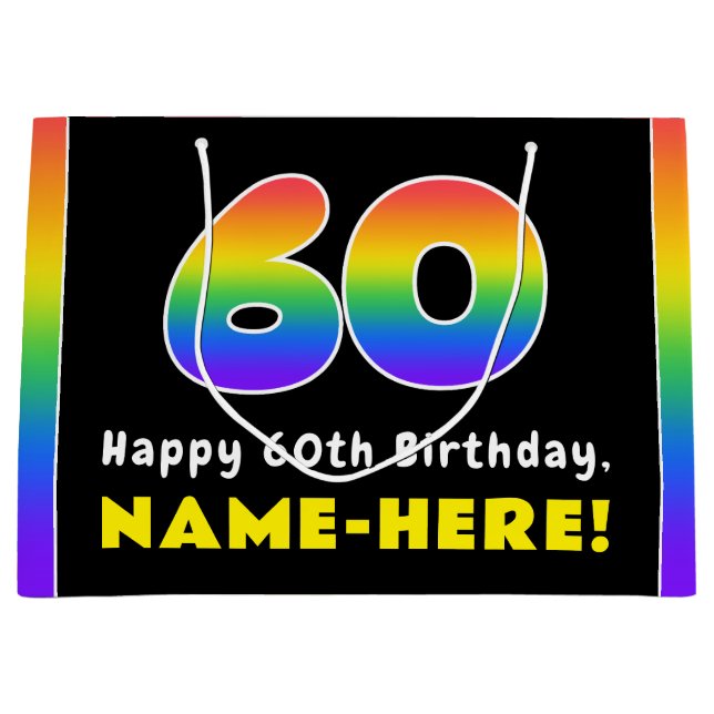 60th Birthday: Colourful Rainbow # 60, Custom Name Large Gift Bag (Front)