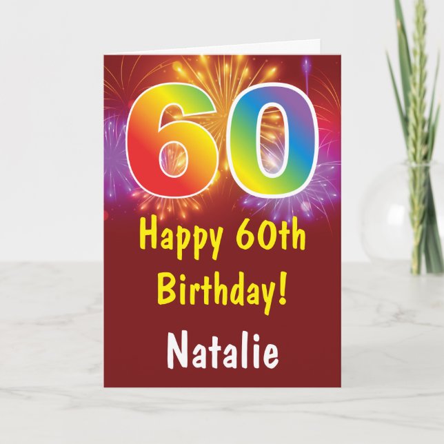 60th Birthday Colourful Rainbow Fireworks Red Card (Front)