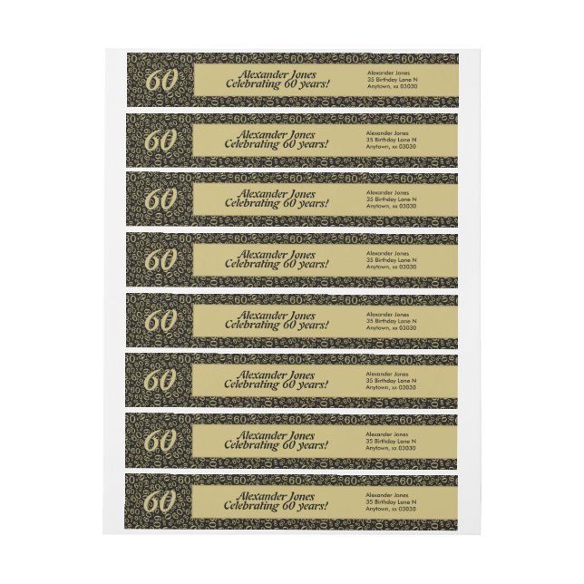 60th Birthday Cool Number Pattern, Gold and Black Wrap Around Label (Sheet)