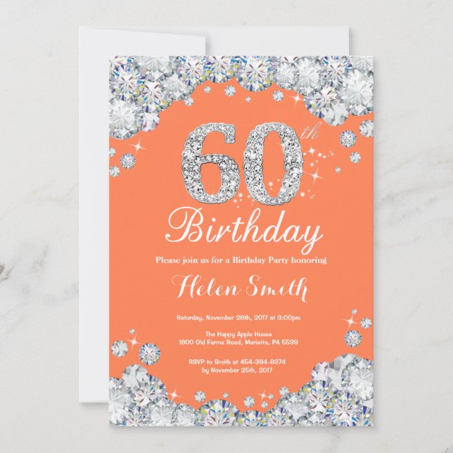 60th Birthday Coral and Silver Diamond Invitation (Front)