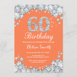 60th Birthday Coral and Silver Diamond Invitation