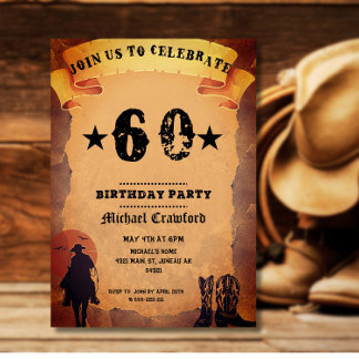 60th birthday cowboy old paper horse riding party invitation