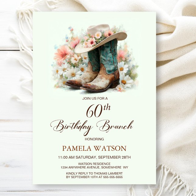 60th Birthday Cowgirl Boots Birthday Brunch Invitation (Creator Uploaded)