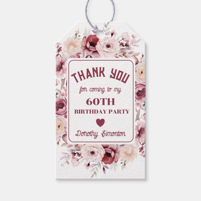 60th Birthday Custom Burgundy Pink Floral Favour Gift Tags (Front)