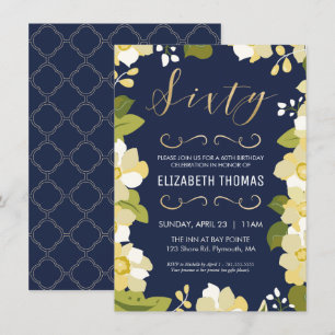 60th Birthday, Custom Floral, Gold Invitation