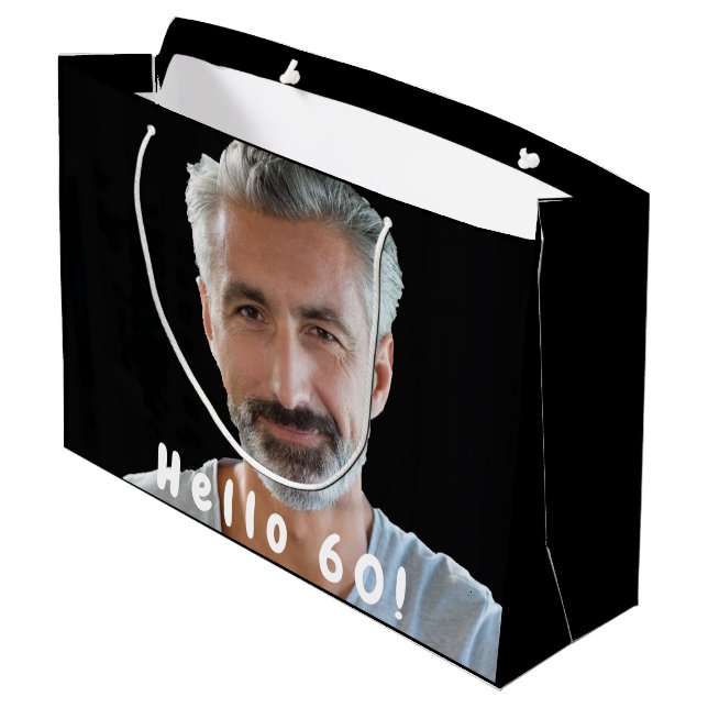 60th birthday custom photo black white large gift bag (Back Angled)