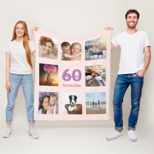 60th birthday custom photo collage rose gold pink fleece blanket