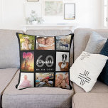 60th birthday custom photo collage woman black cushion<br><div class="desc">A unique gift for a womans 60th birthday, celebrating her life with a collage of 8 of your own photos, pictures. Personalise and add her name, age 60 and a date. A chic black background. Grey and white letters and numbers. The name is written with a modern hand lettered style...</div>