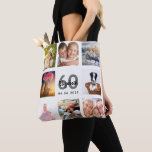 60th birthday custom photo collage woman white tote bag<br><div class="desc">A unique gift for a woman's 60th birthday, celebrating her life with a collage of 8 of your own photos, pictures. Personalise and add her name, age 60 and a date. A chic white background. Grey and black letters and numbers. The name is written with a modern hand lettered style...</div>