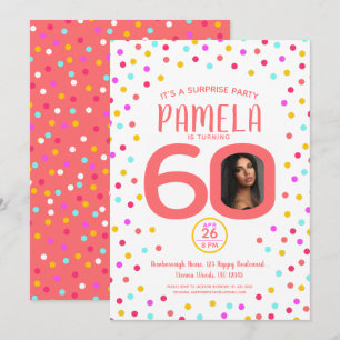 60th birthday custom photo living coral confetti invitation